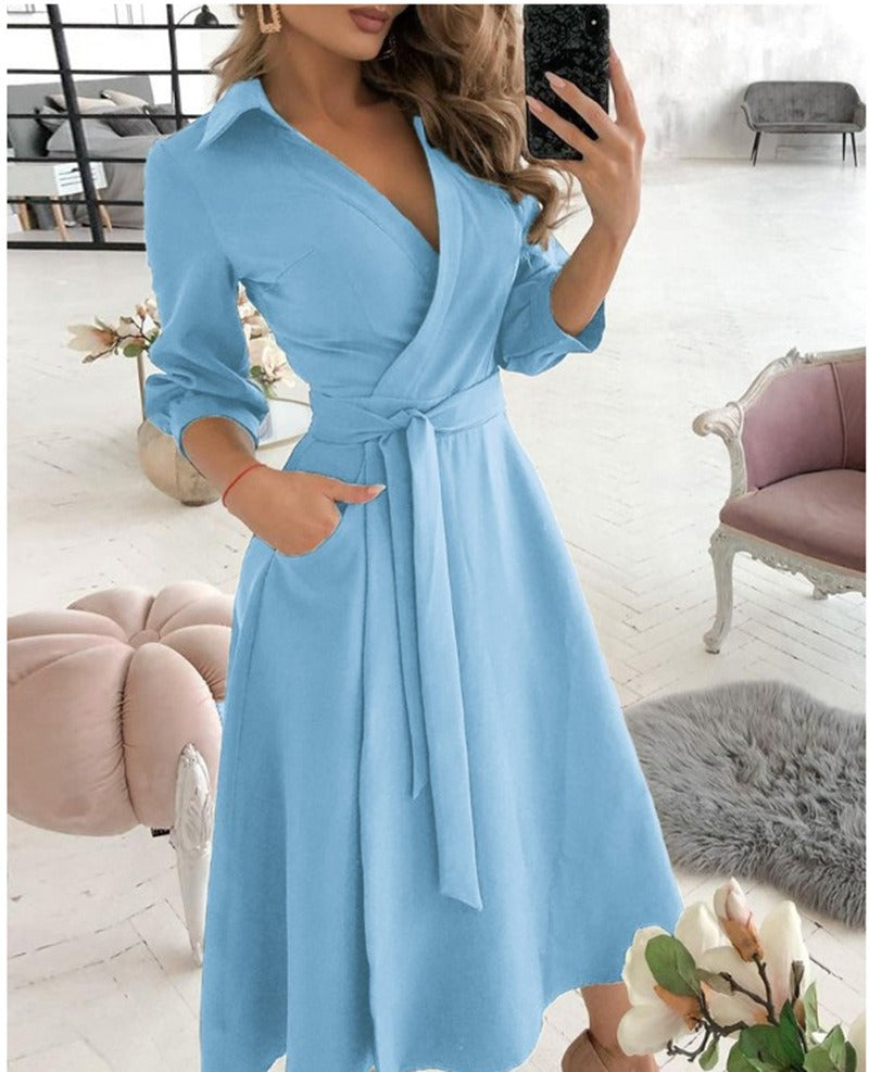 Collar Long Sleeves Wrap Midi Dress
