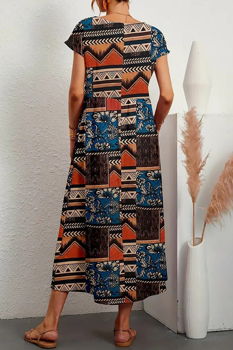 Casual Floral Pocket Round Neck Midi Dress