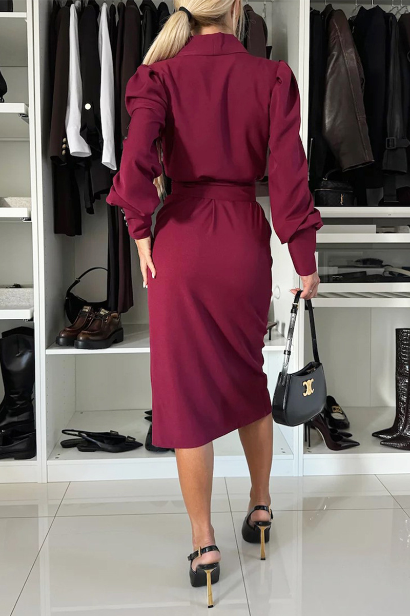 Elegant Long Buttons Sleeves V Neck Wrap Midi Dress