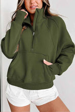 Load image into Gallery viewer, Green Zip Up Stand Collar Ribbed Thumbhole Sleeve Sweatshirt
