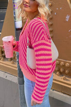 Load image into Gallery viewer, Pink Striped Buttoned V Neck Drop Shoulder Cardigan
