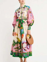 Load image into Gallery viewer, Retro Print Long Sleeve Buttons Down Midi Dress
