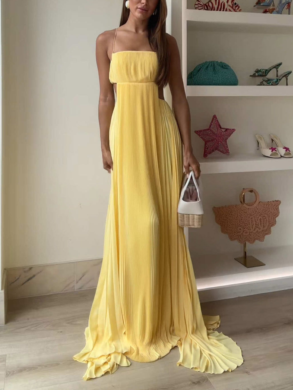 Chic Pleated Cutout Back Party Maxi Dress