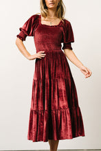 Load image into Gallery viewer, Gold Velvet Squared Neck Ruffles High Waist Smocked Tiered Midi Dress
