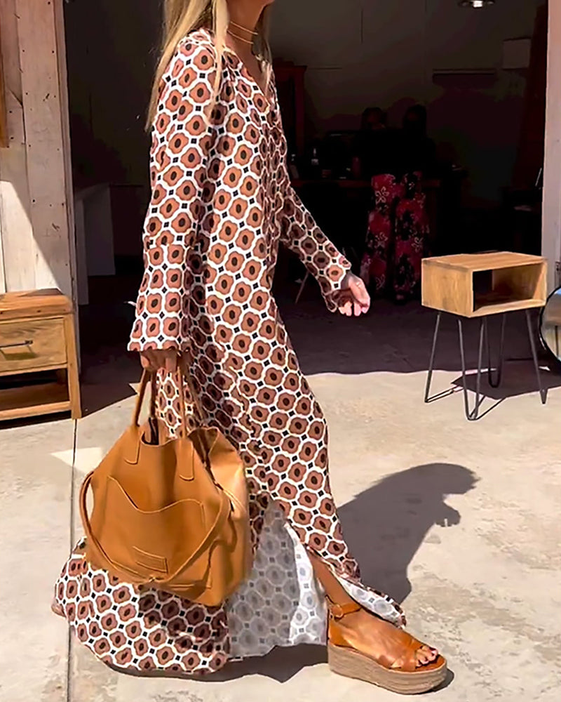 Brown Geometric Print Long Sleeve Maxi Dress