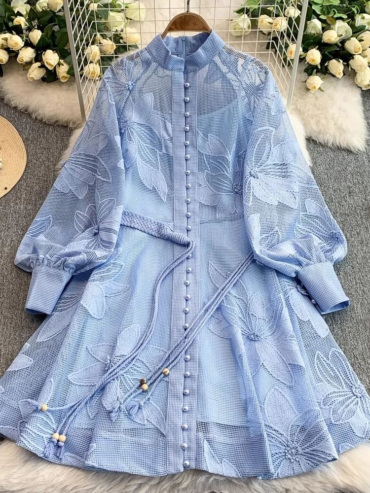 Elegant Hollow Out Lantern Long Sleeve Embroidery Mini Dress