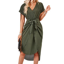 Load image into Gallery viewer, Loose V-neck Short Sleeves Tie Knot Midi Dress

