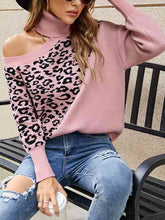 Load image into Gallery viewer, Leopard Turtleneck Cold Shoulder Long Sleeve Sweater
