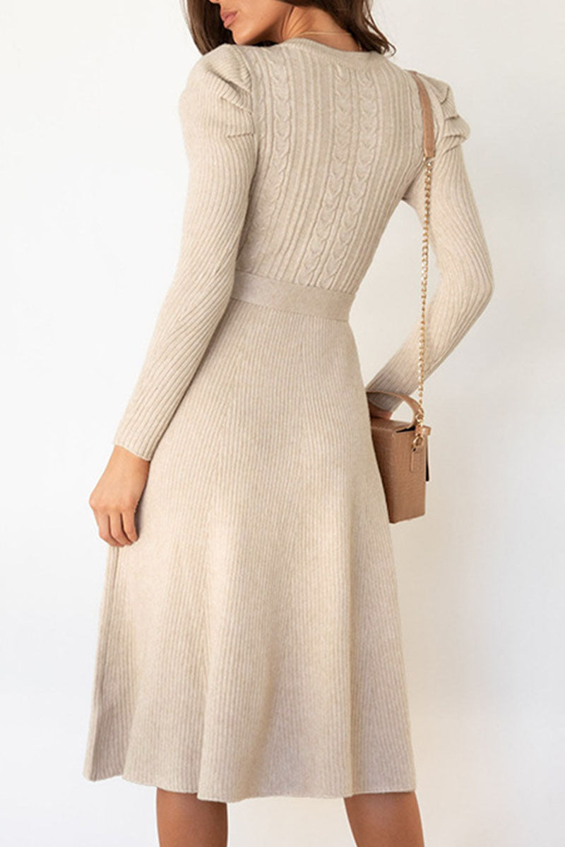 Casual Round Neck Tied Waist Long Sleeves Midi Sweater Dress