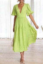 Load image into Gallery viewer, Sweet Elegant V Neck Puff Short Sleeves Tiered Midi Dress
