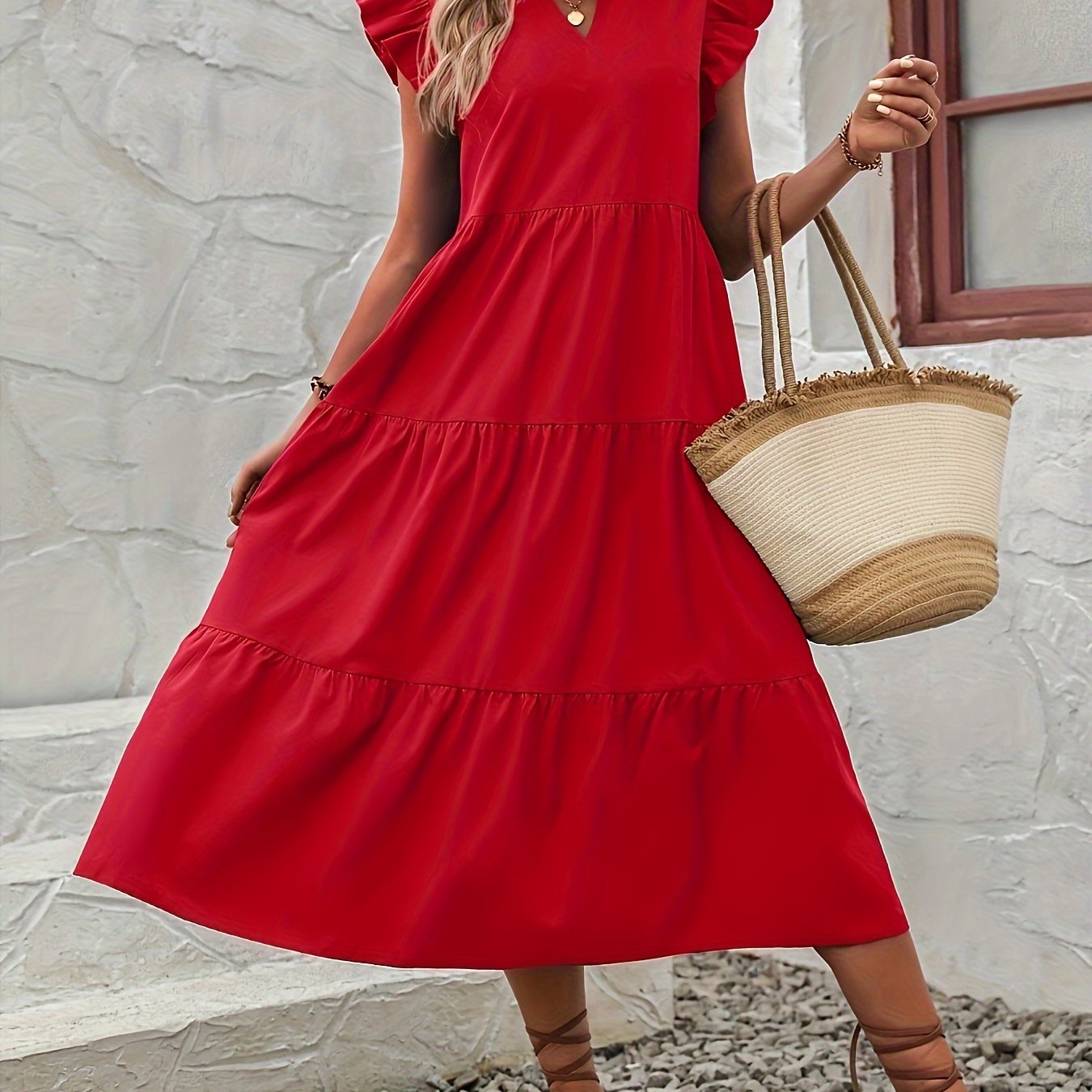 Elegant V-Neck Flutter Sleeves Tiered Swing Midi Dress