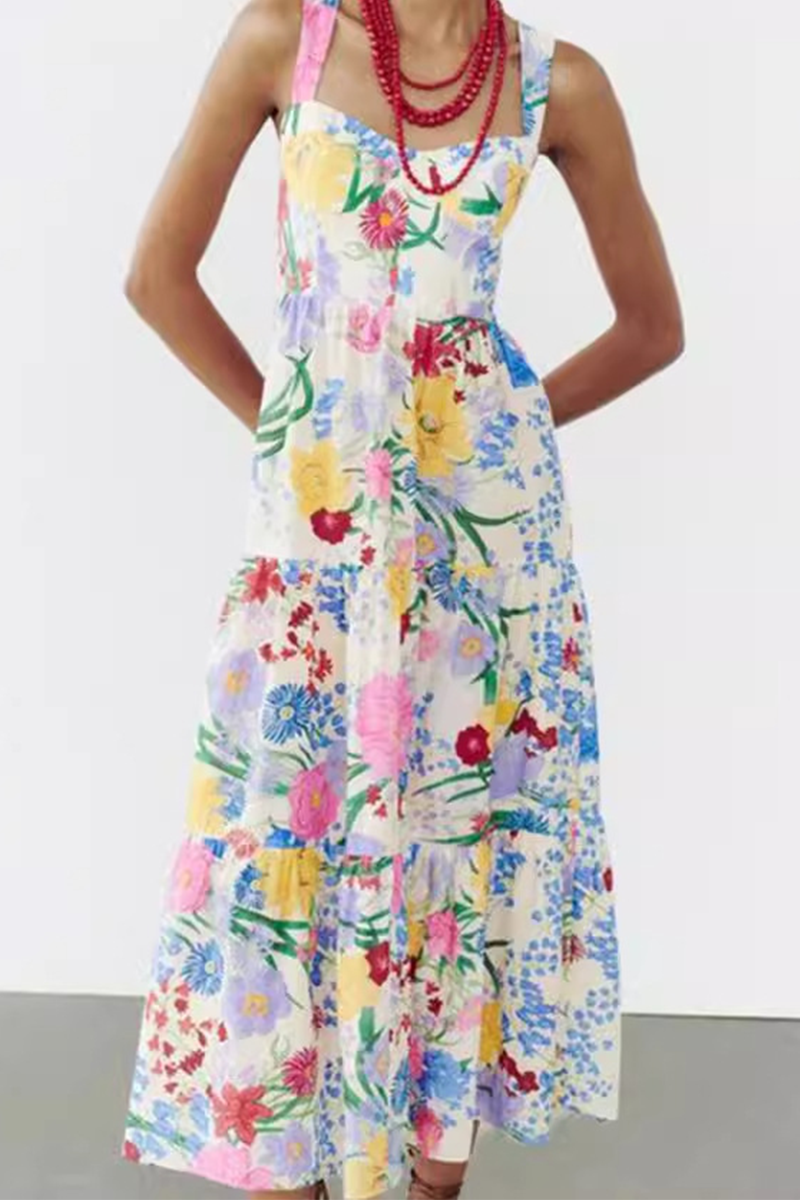 Casual Floral Print Straps Midi Dress