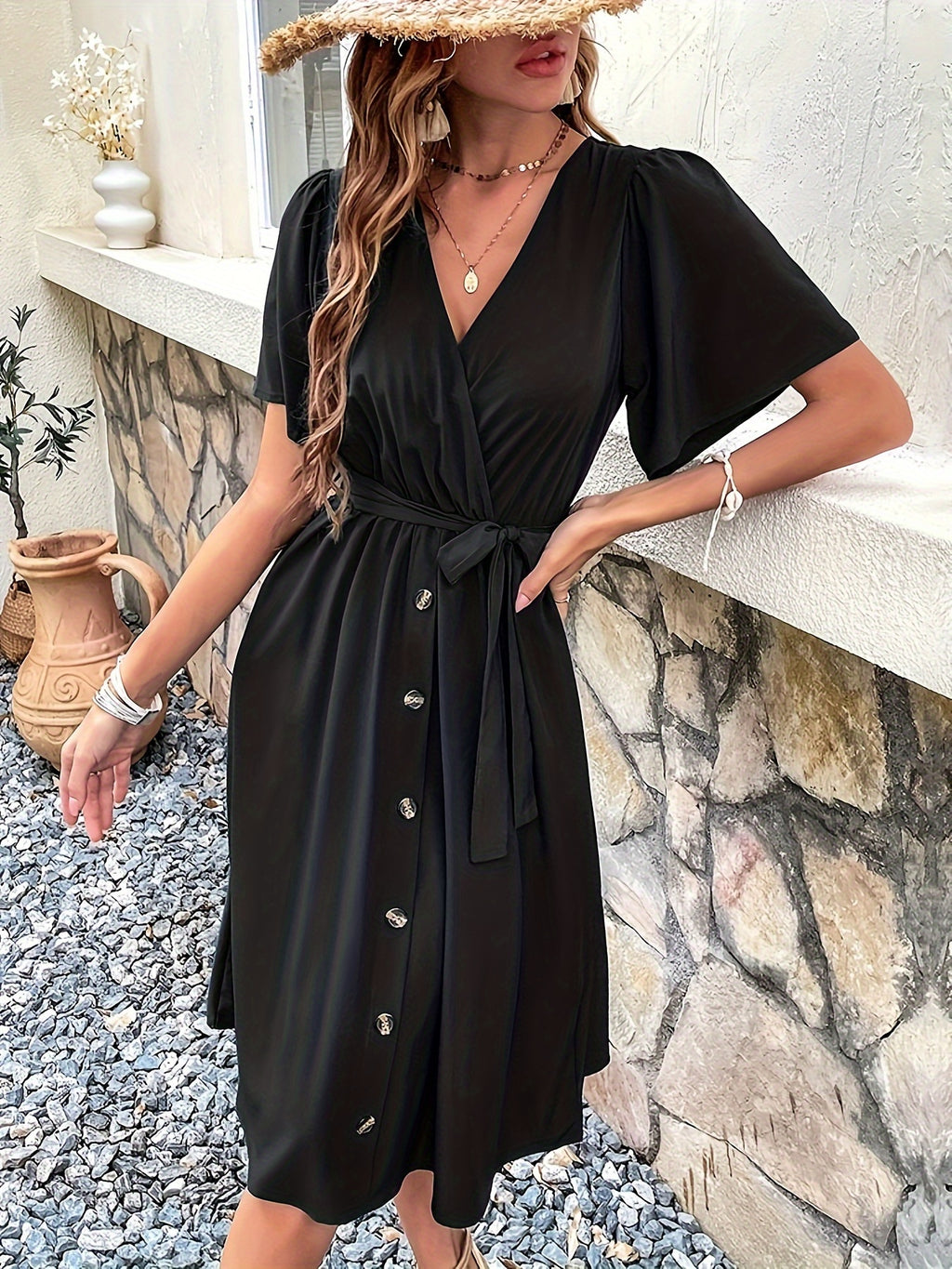 Black V Neck Button Front Short Sleeve Midi Dress