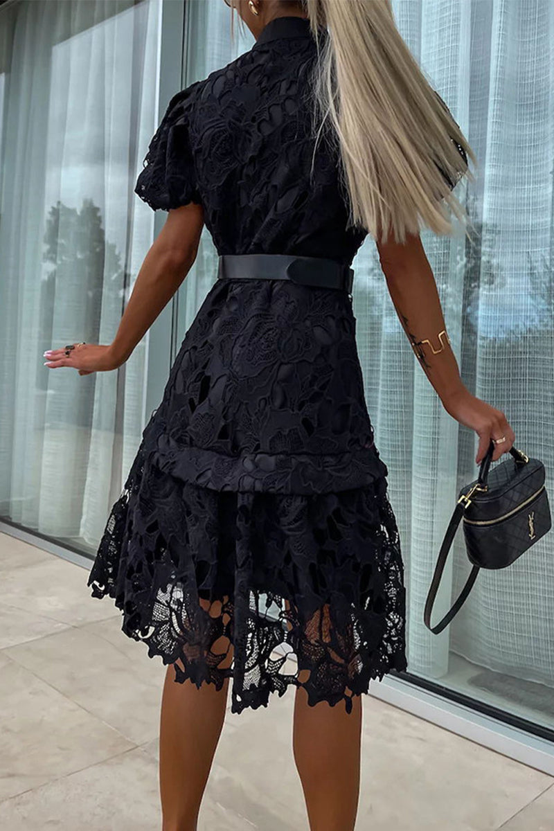 Elegant Hollowed Out Turndown Buttons Mini Lace Dress With Belt