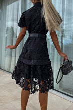 Load image into Gallery viewer, Elegant Hollowed Out Turndown Buttons Mini Lace Dress With Belt
