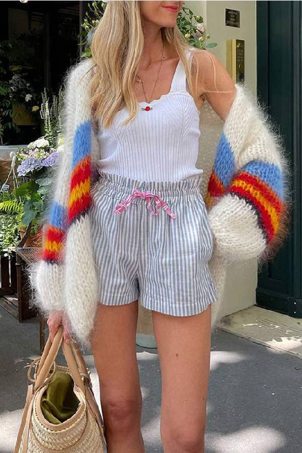 Fuzzy Colorblock Stripped Knit Cardigan