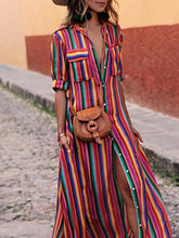 Load image into Gallery viewer, Colorful Striped Printed Short Sleeves Buttons Down Shirt Maxi Dress
