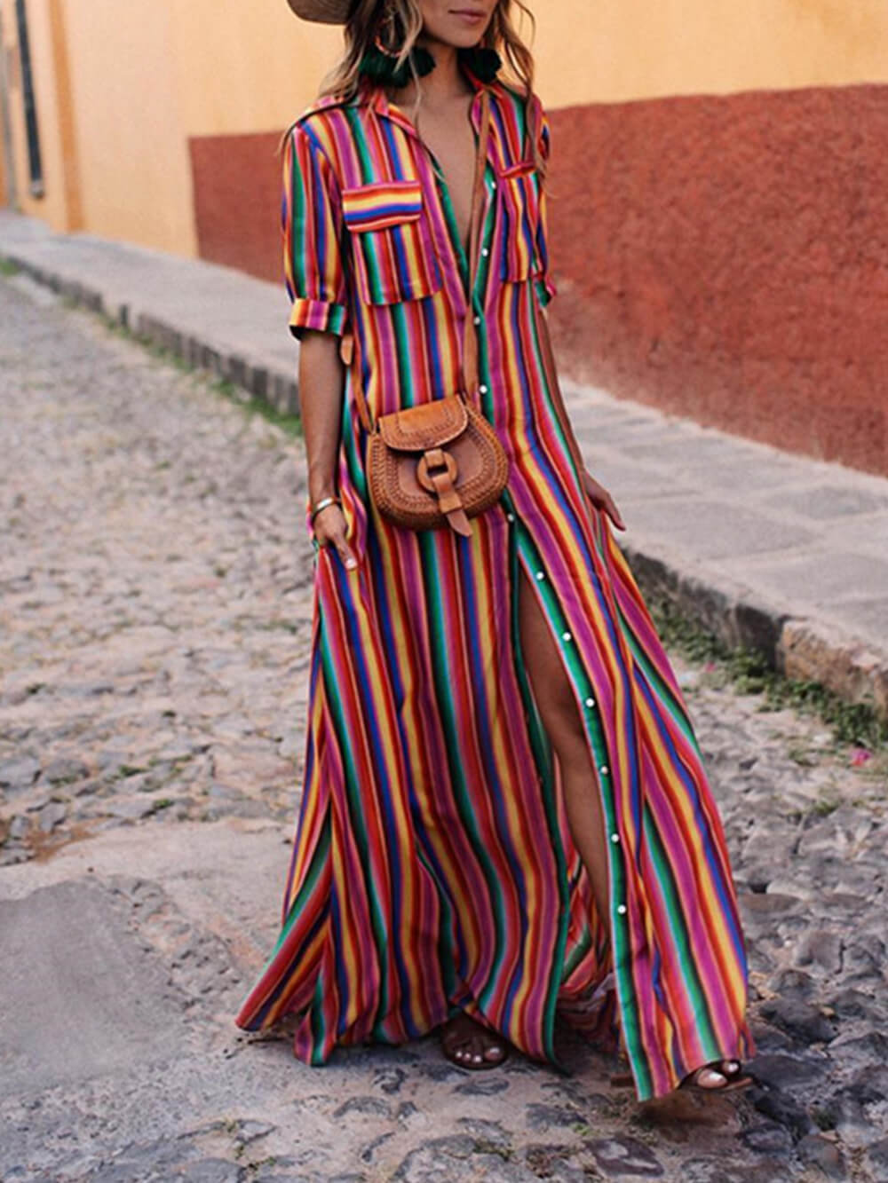 Colorful Striped Printed Short Sleeves Buttons Down Shirt Maxi Dress