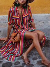 Load image into Gallery viewer, Colorful Striped Printed Short Sleeves Buttons Down Shirt Maxi Dress
