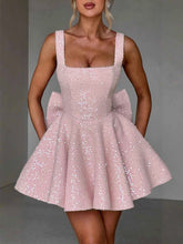 Load image into Gallery viewer, Sophisticated Square Neck Straps Bow Sequins Mini Dress
