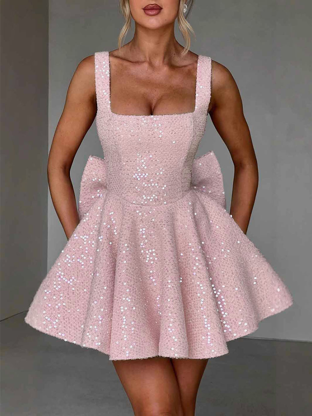 Sophisticated Square Neck Straps Bow Sequins Mini Dress