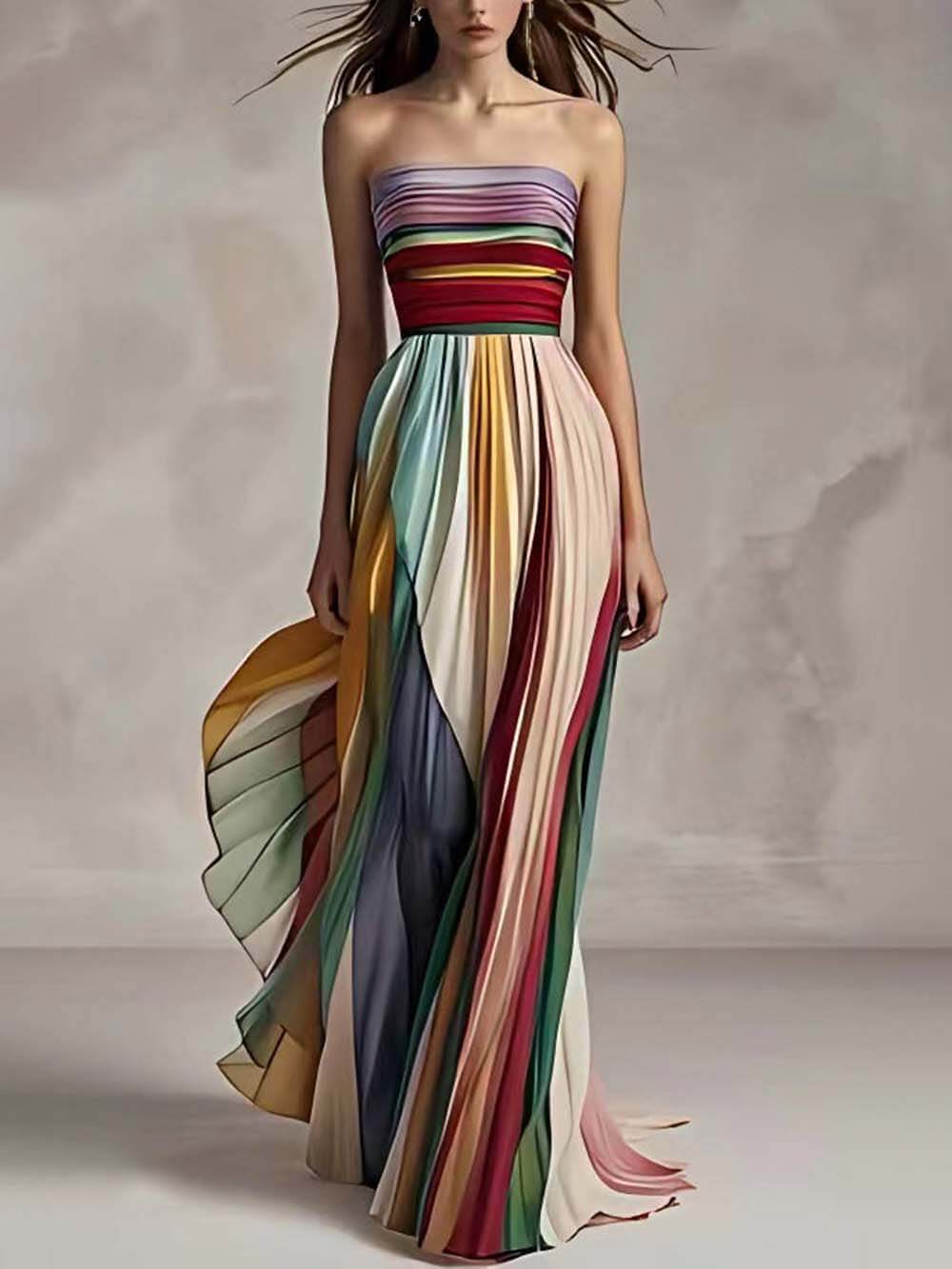 Elegant Rainbow Striped Strapless Pleated Maxi Dress