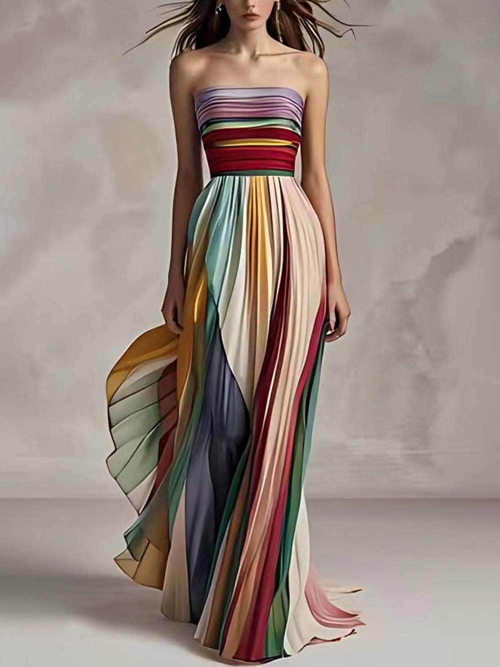 Elegant Rainbow Striped Strapless Pleated Maxi Dress