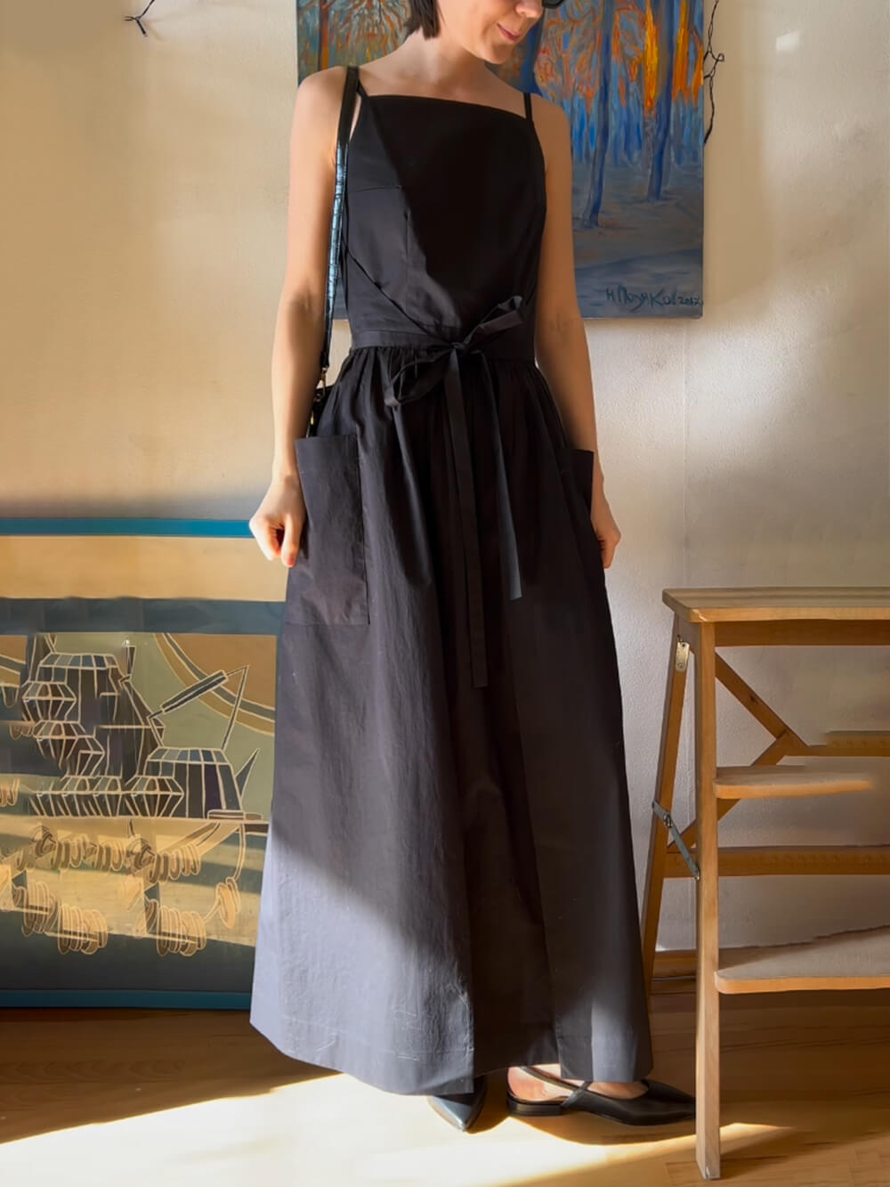 Refined Pockets Spaghetti Straps Tied Waist Maxi Dress