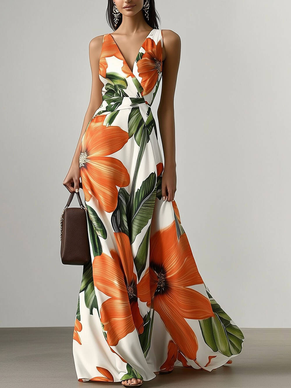 Classic V Neck Sleeveless Floral A-Line Maxi Dress