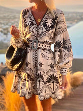 Load image into Gallery viewer, Retro V-neck Long Sleeves Print Mini Dress
