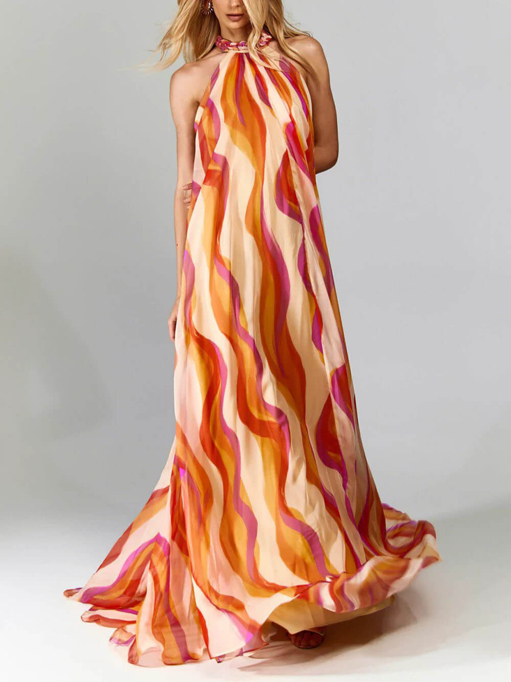 Sleek Halter Wave Printed Backless Maxi Dress