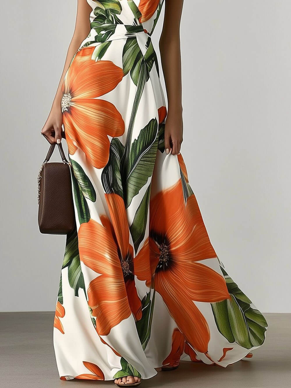 Classic V Neck Sleeveless Floral A-Line Maxi Dress