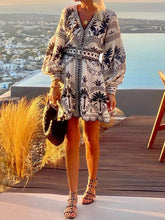 Load image into Gallery viewer, Retro V-neck Long Sleeves Print Mini Dress
