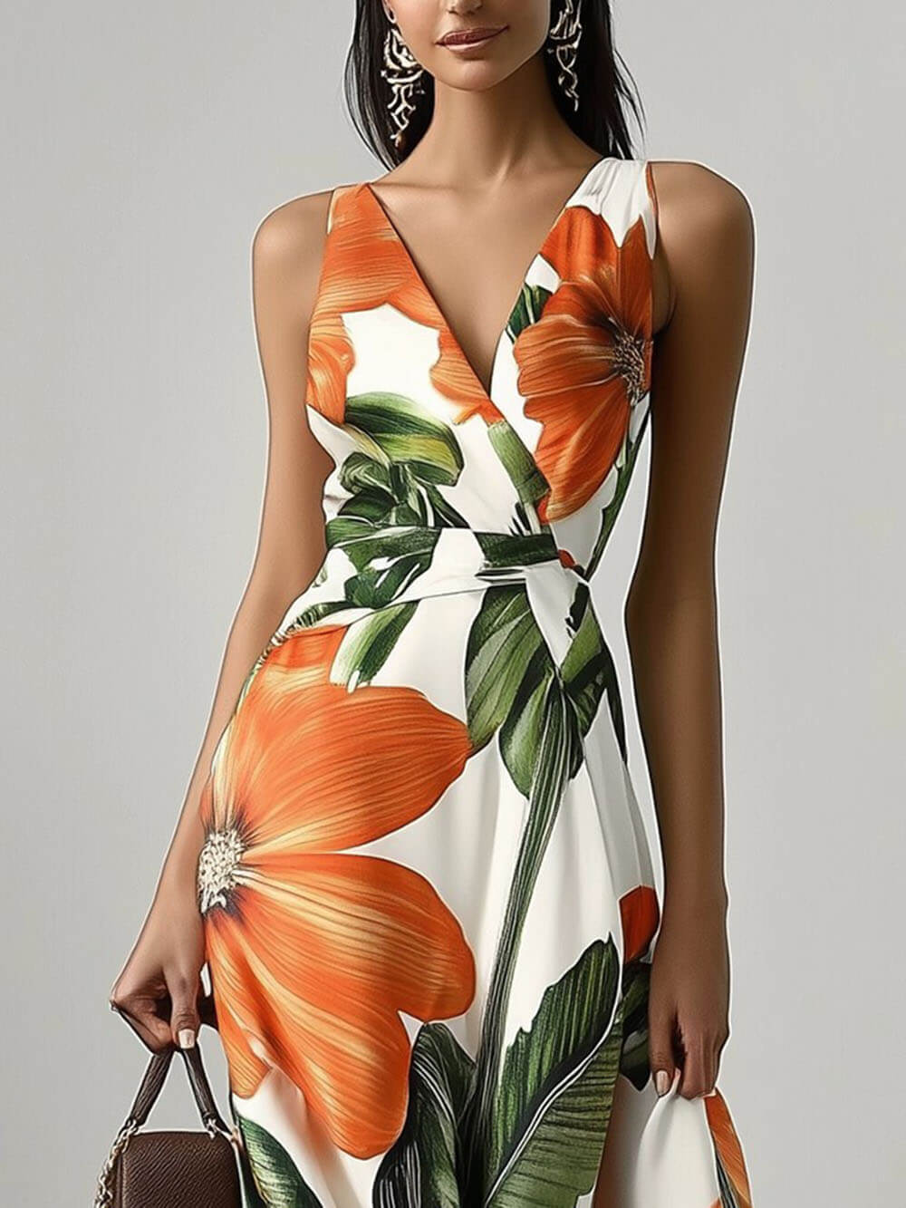 Classic V Neck Sleeveless Floral A-Line Maxi Dress