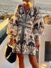 Load image into Gallery viewer, Retro V-neck Long Sleeves Print Mini Dress
