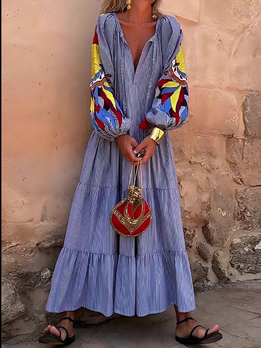 Boho V-neck Tassel Peacock Striped Print Tiered Loose Maxi Dress