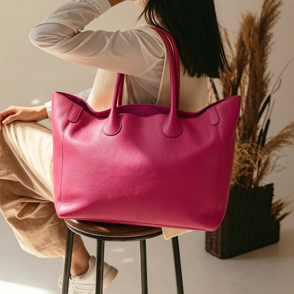 Hot Pink Oversized Large Classic Top Grain Leather Tote Bag