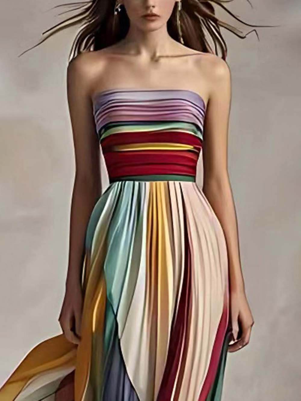 Elegant Rainbow Striped Strapless Pleated Maxi Dress