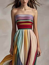 Load image into Gallery viewer, Elegant Rainbow Striped Strapless Pleated Maxi Dress
