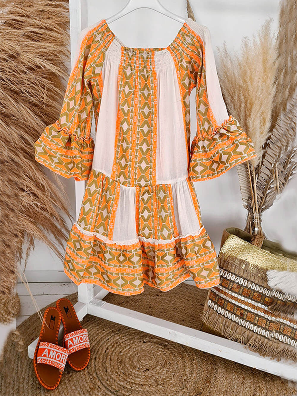 Boho Geometric Print Off Shoulder Long Sleeves Mini Dress