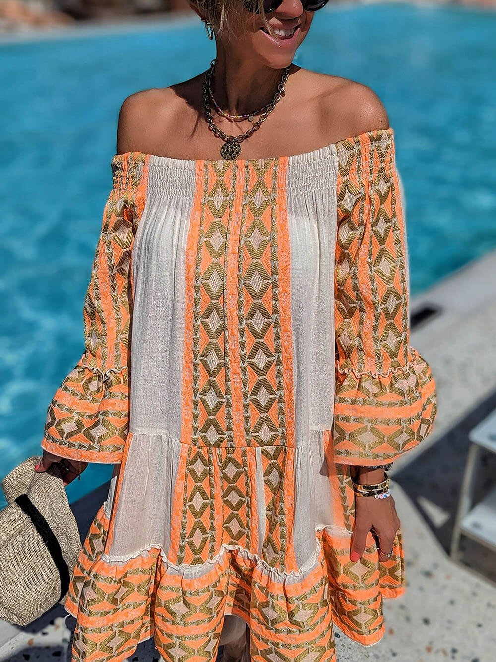 Boho Geometric Print Off Shoulder Long Sleeves Mini Dress