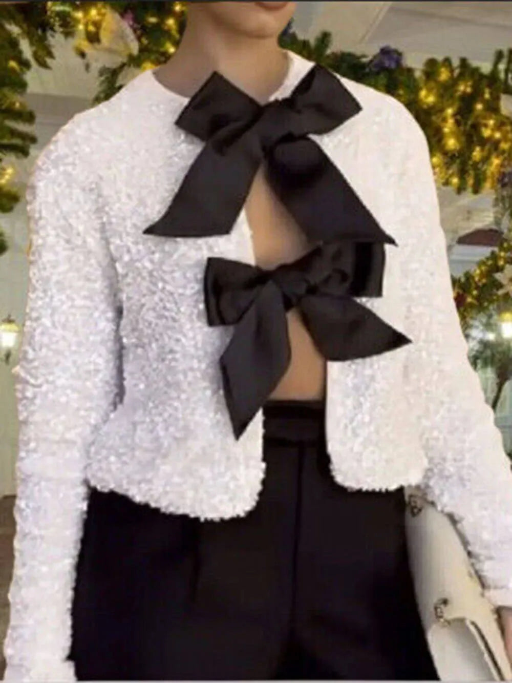 Classic Sequin Jackets Bow Coats Sparkling Holiday Party Cropped Top