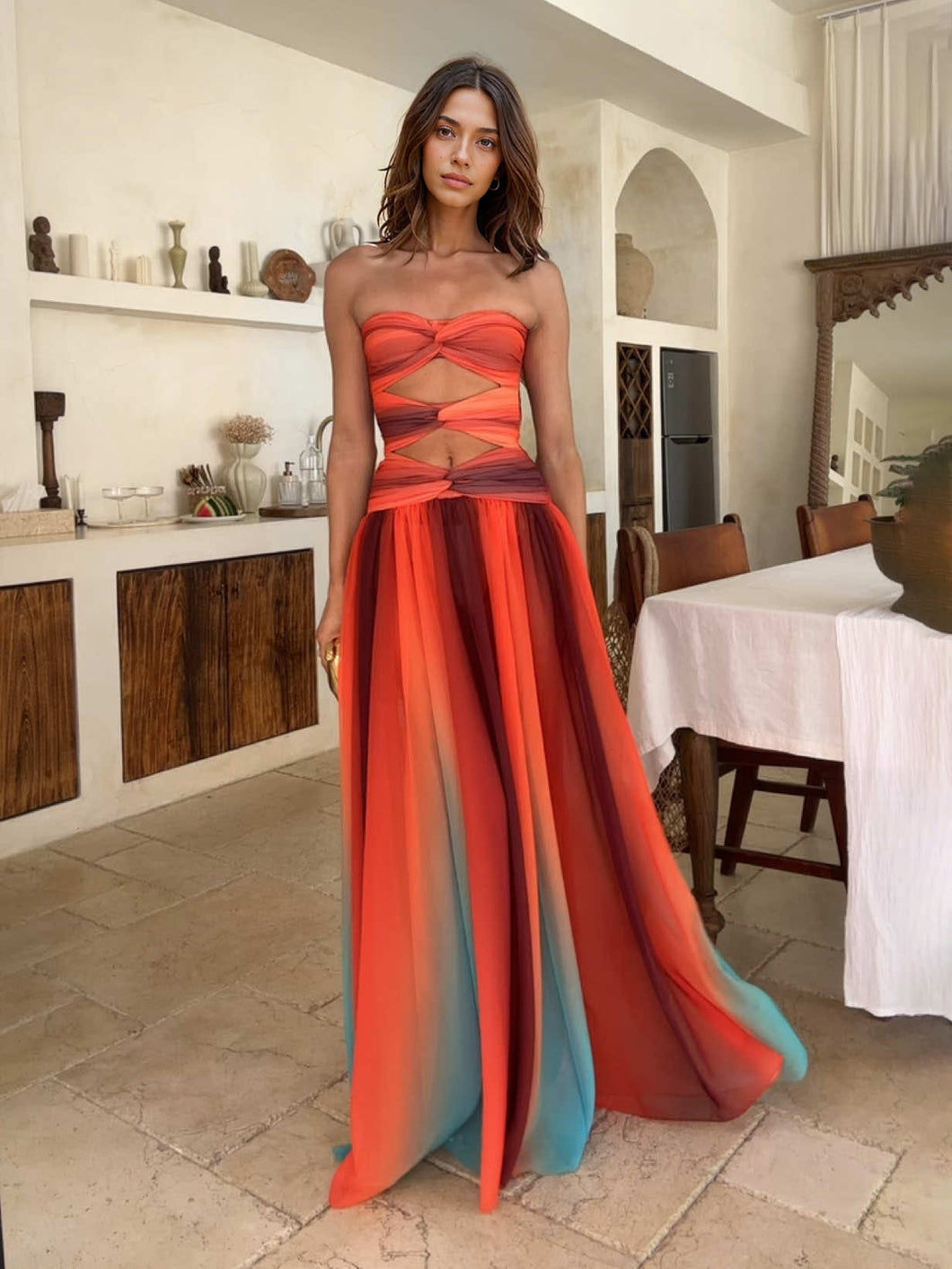 Sexy Colorful Gradient Print Hollow Out Party Maxi Dress