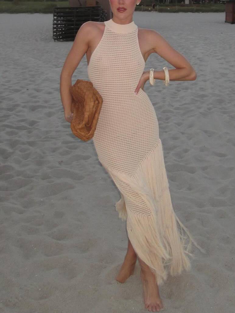 Charming Sleeveless Knitted Tassel Midi Dress