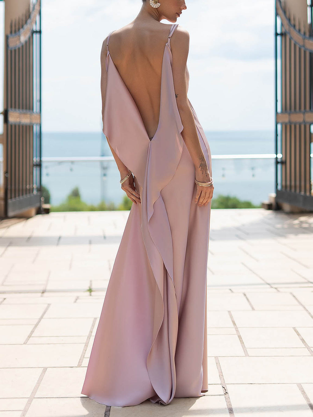 Classy Spaghetti Straps Draped Neck Backless Maxi Dress