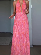 Load image into Gallery viewer, Pink Halter Pleated Printed Vacation Party Maxi Dress
