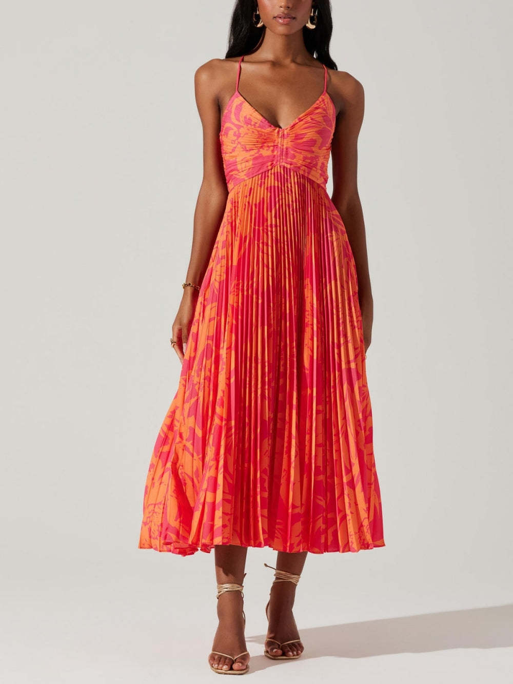 Chic Spaghetti Straps Printed Pleats Midi Dress