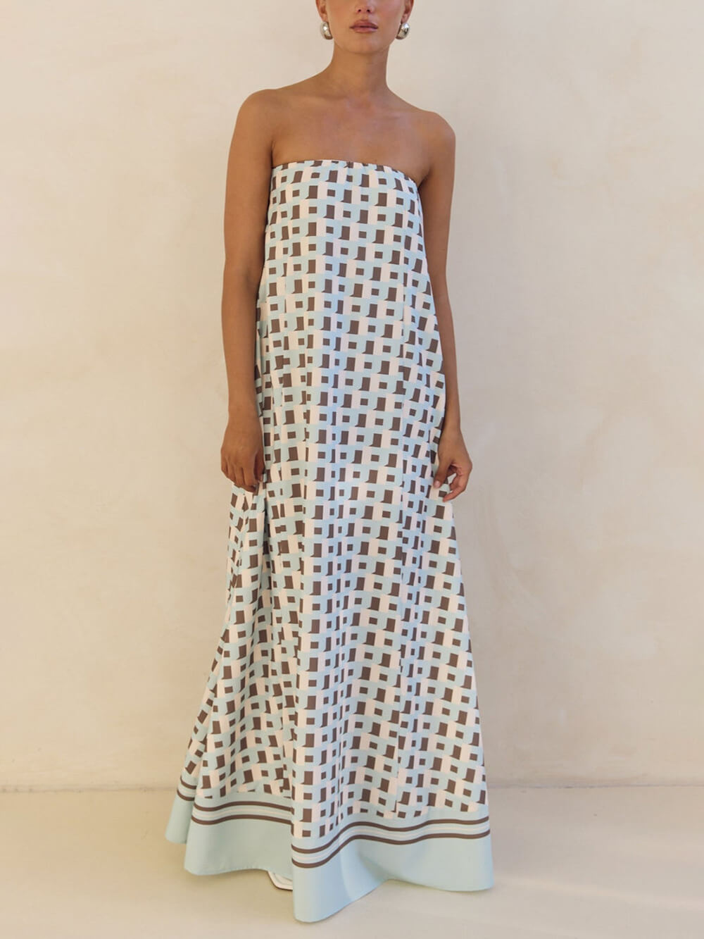 Exclusive Geometric Print Strapless A-Line Maxi Dress