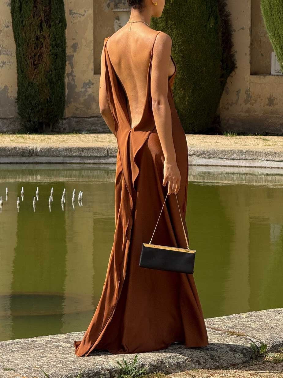 Classy Spaghetti Straps Draped Neck Backless Maxi Dress