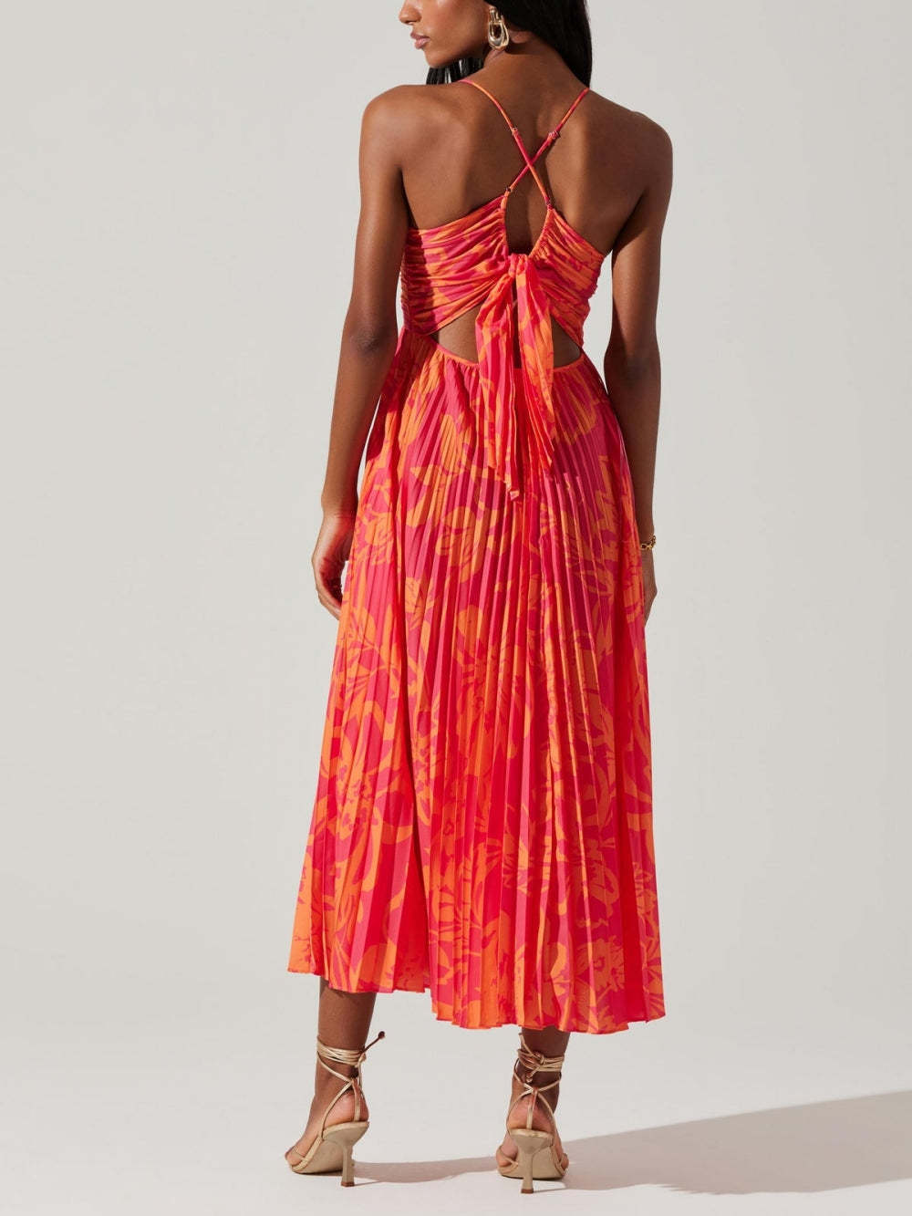 Chic Spaghetti Straps Printed Pleats Midi Dress